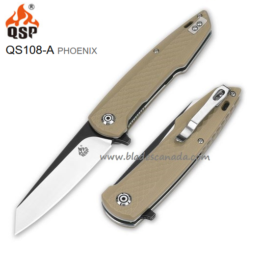 QSP Phoenix Flipper Folding Knife, D2 Black, G10 Sand, QS108-A